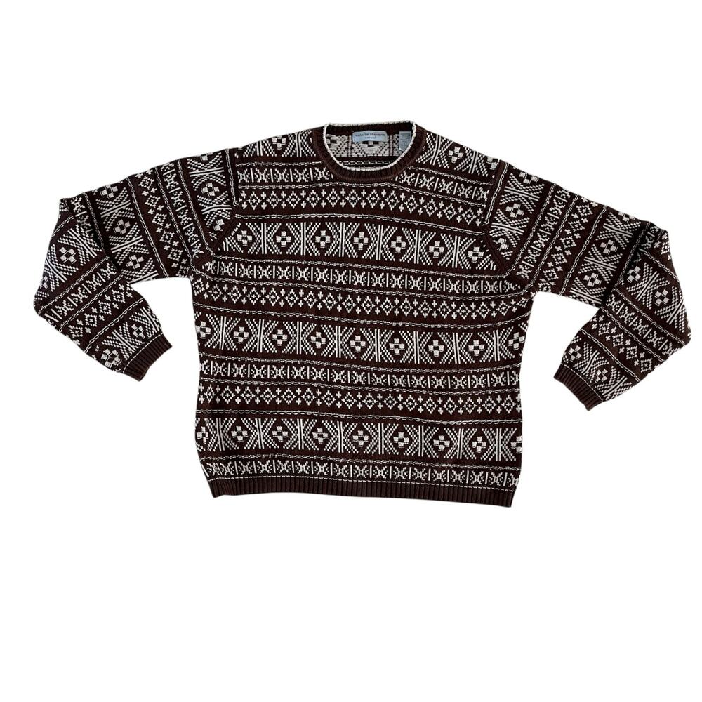 Retro Y2K 2000s Brown Fair Isle Pullover Knit Sweater Wmns L Cottagecore